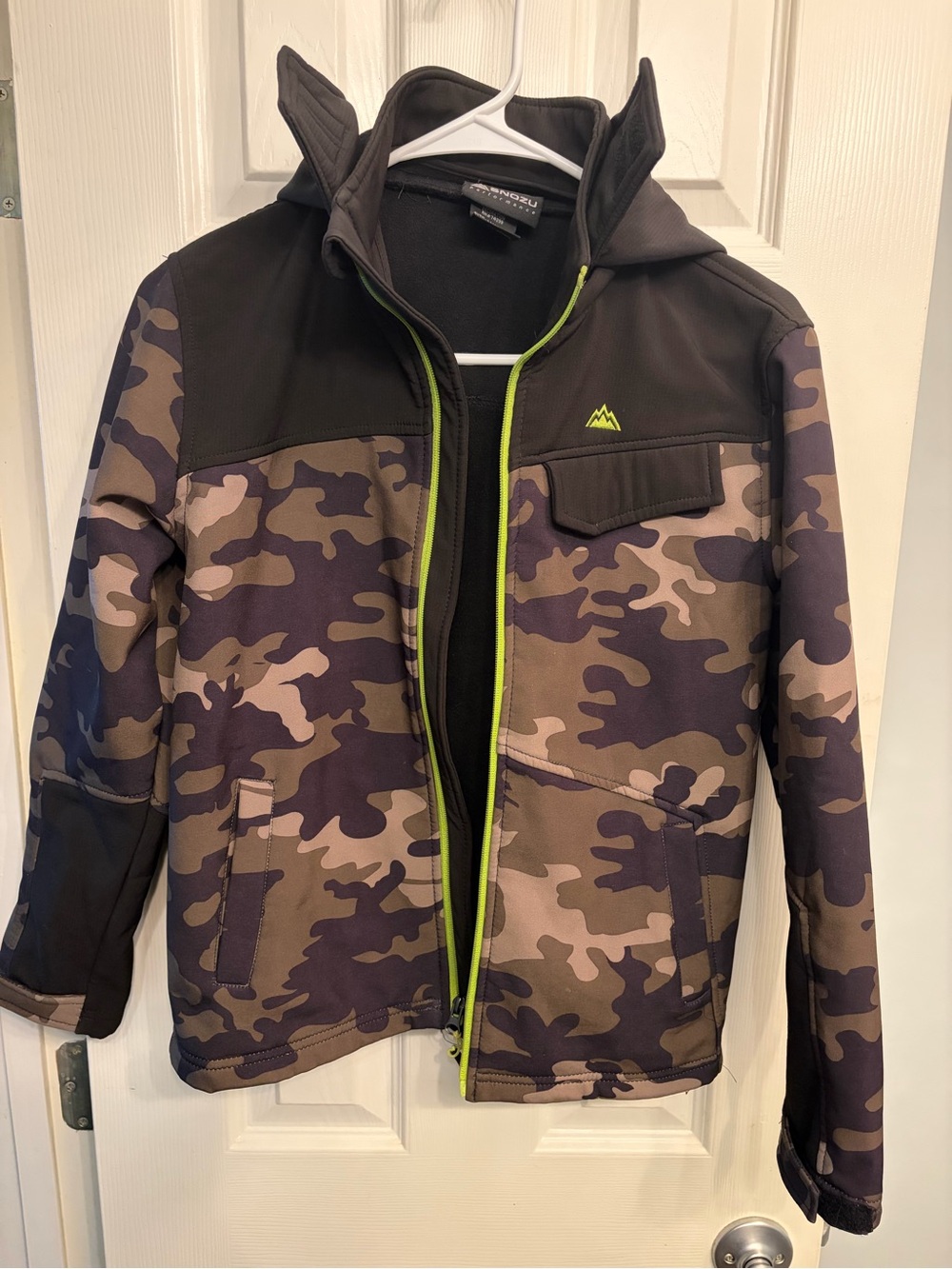 Snozu Boys' Camo Soft Shell Hooded Jacket with Lime Zipper Trim